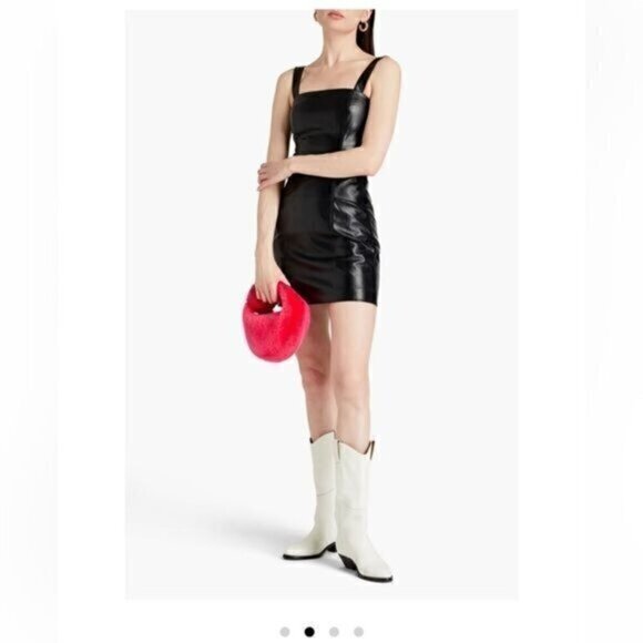 Rotate Birger Christensen Herlina Faux Leather Logo Mini Dress Black Sz 8 NWT - Picture 1 of 10